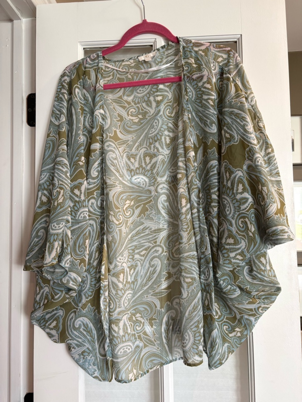C Olive and Pale Blue Paisley Open-Front Kimono